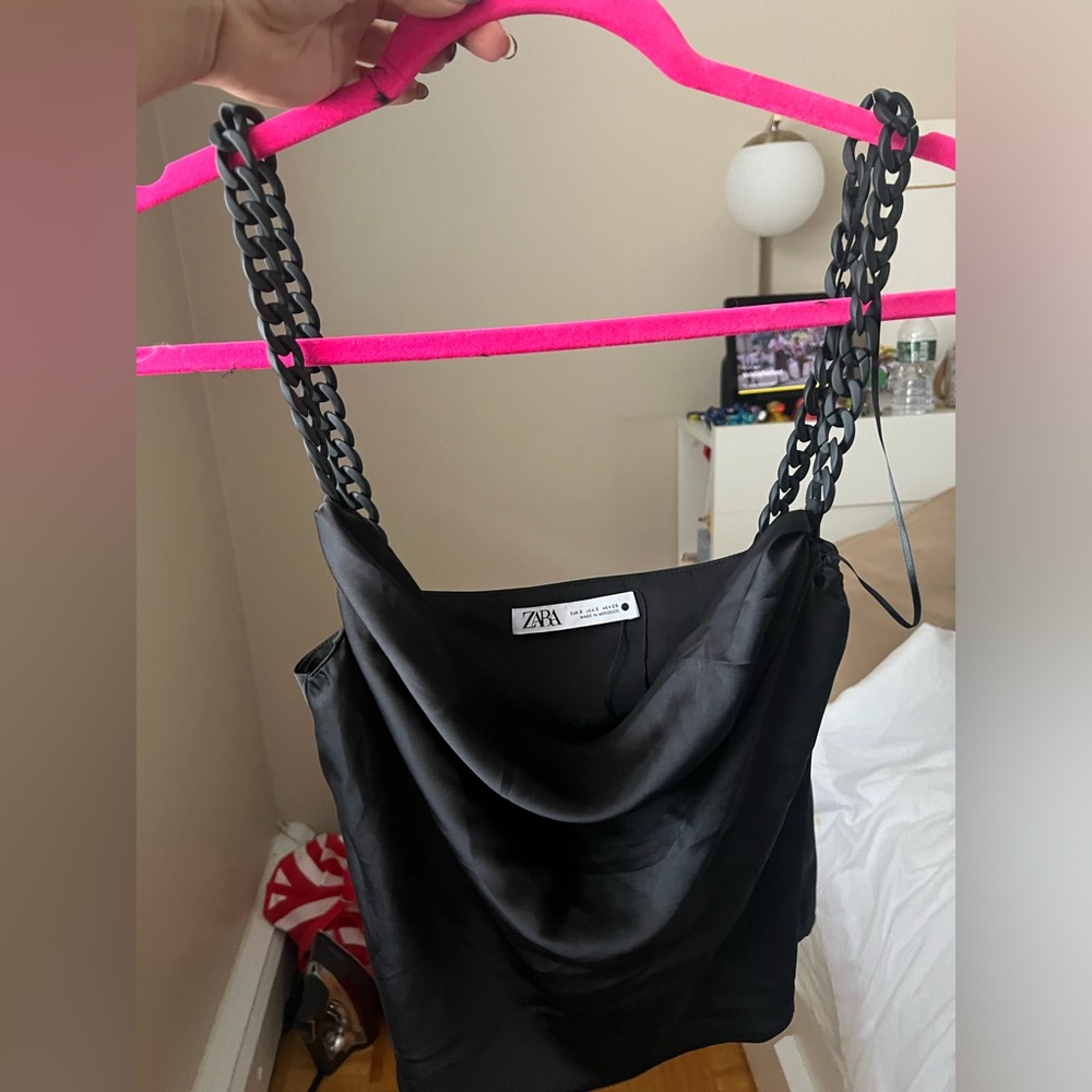 Zara black satin top with plastic chain straps